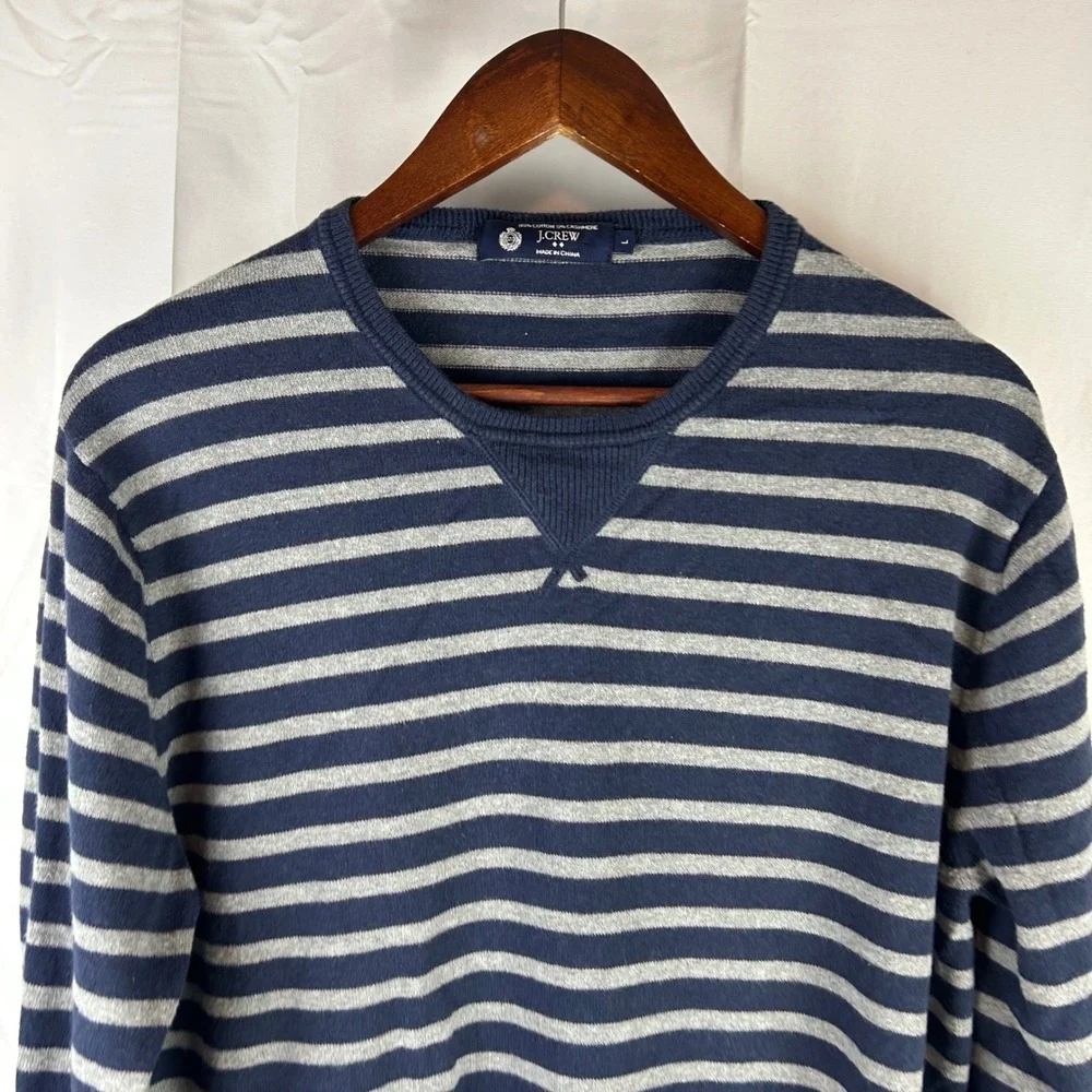 J‎ Crew Mens Striped Crewneck Sweater Cotton Cashmere Navy Grey Size L